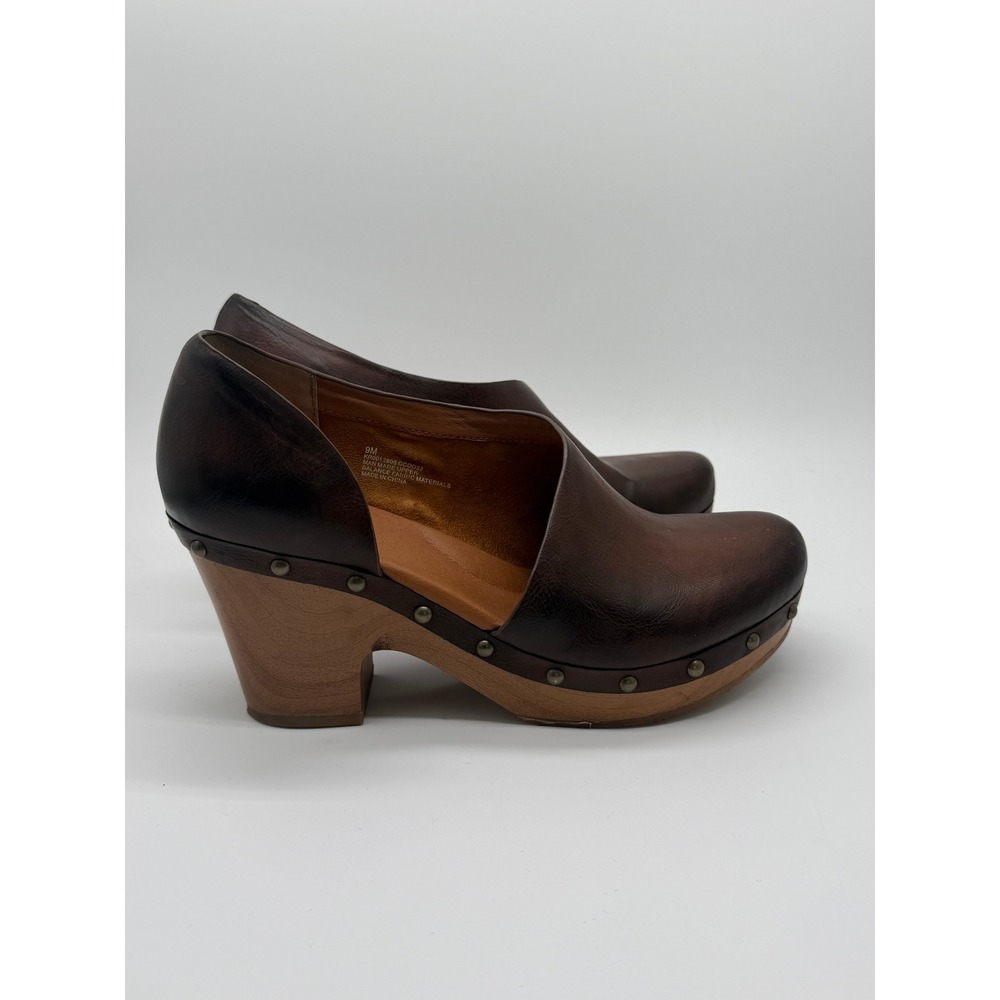 Korks Clog Arielle Platform Clog Women 9M Brown Studded Wood Block Heel Cutout